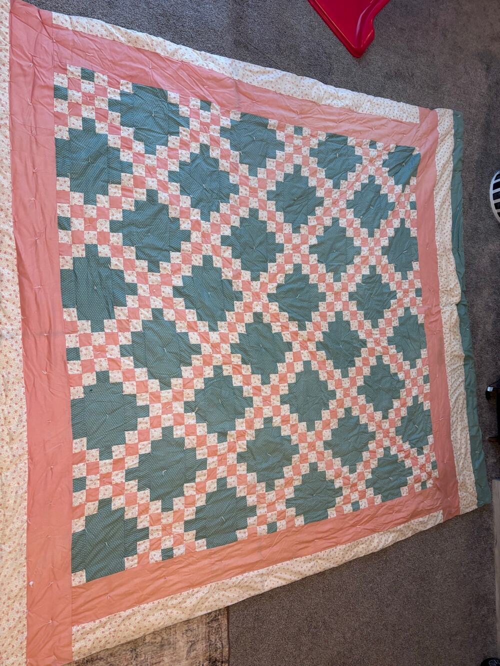 Handmade King Patchwork Quilt 87x101 Pink Teal Hearts Hand Tied Cottagecore
